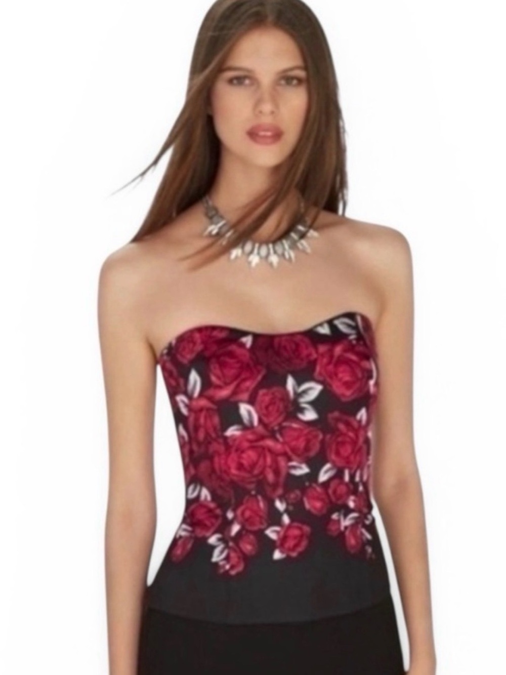 White House Black Market Red Black & White Rose Bustier Size 2
